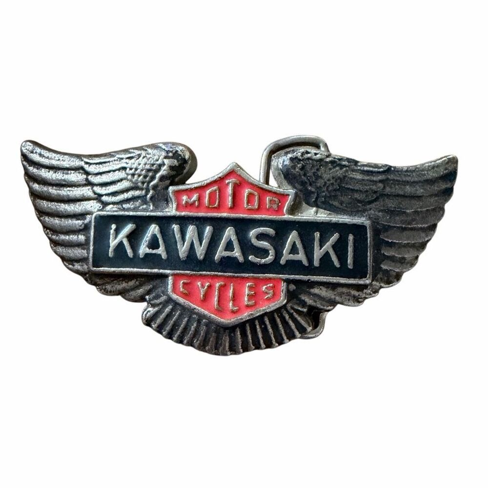 Vintage Kawasaki Motors Belt Buckle Eagle Wings Red Black Enamel Biker 686
